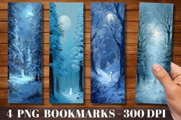 Snowman in Winter Night Forest Bookmark: A Design Asset